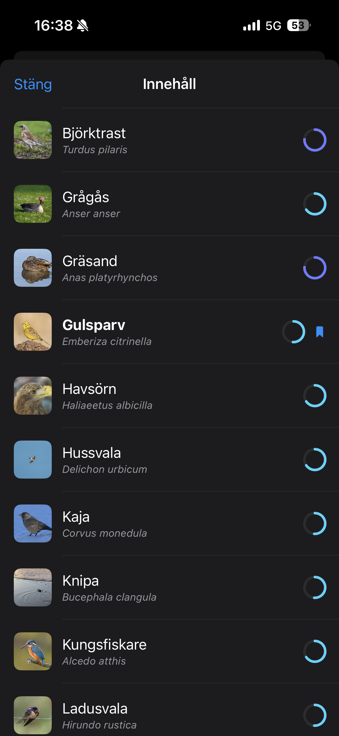 List of birds in a book