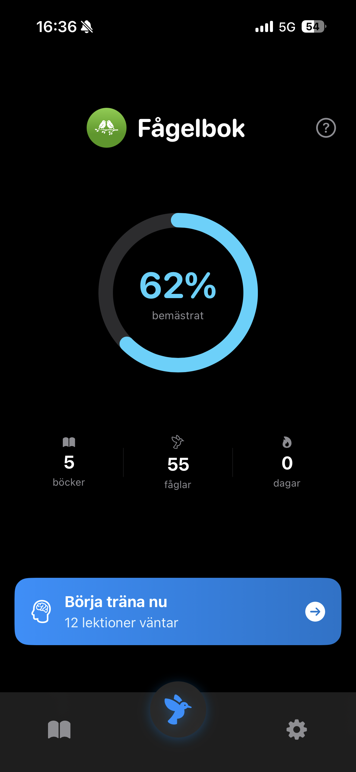 Fågelbok home screen with learning progress