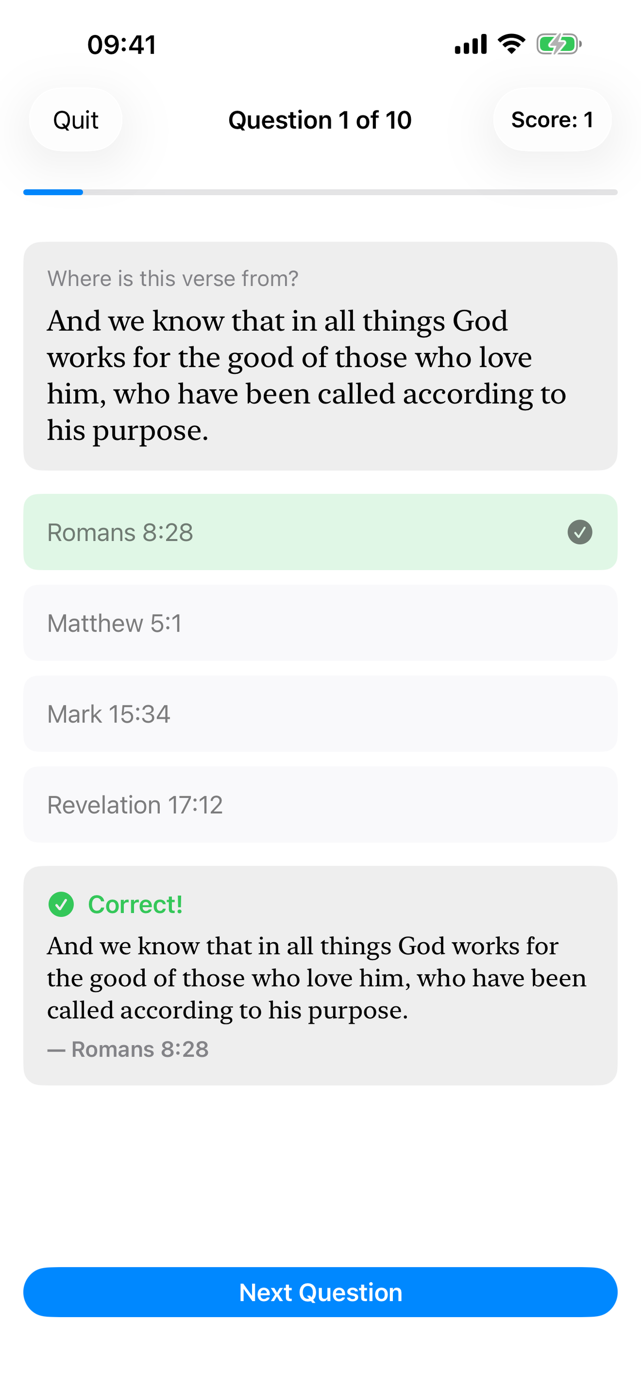 Correct answer highlighted with the full verse and its reference
