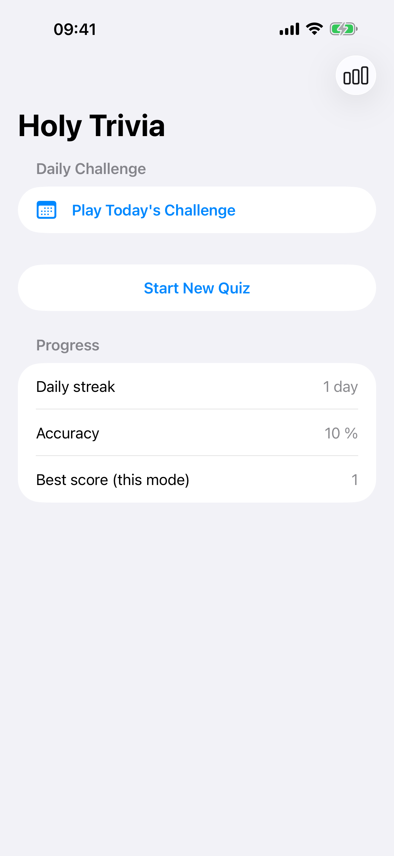 Holy Trivia home screen with the Daily Challenge and progress