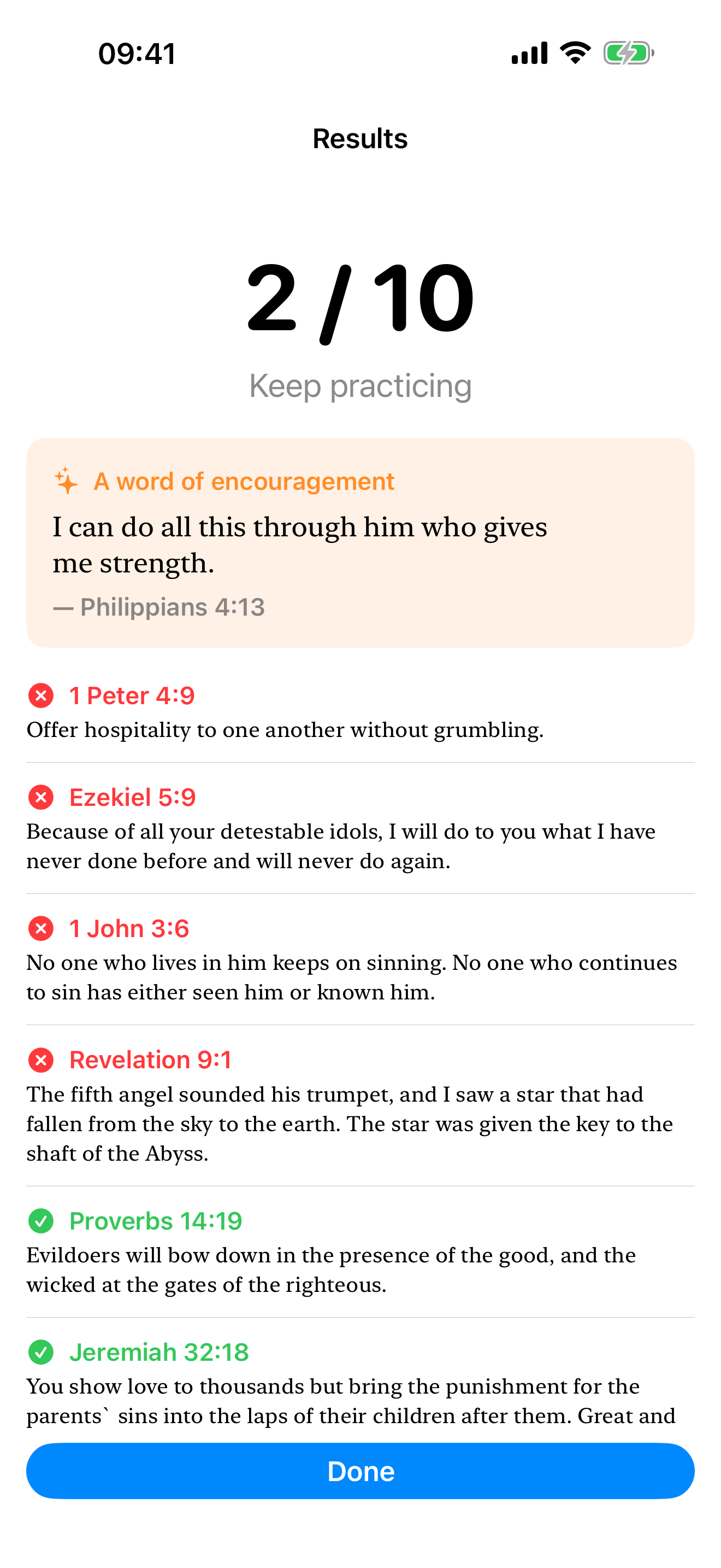 Quiz results with an encouraging verse