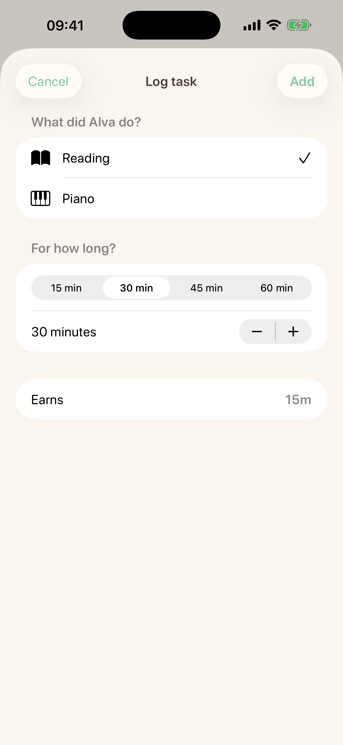 Logging a completed task for a kid