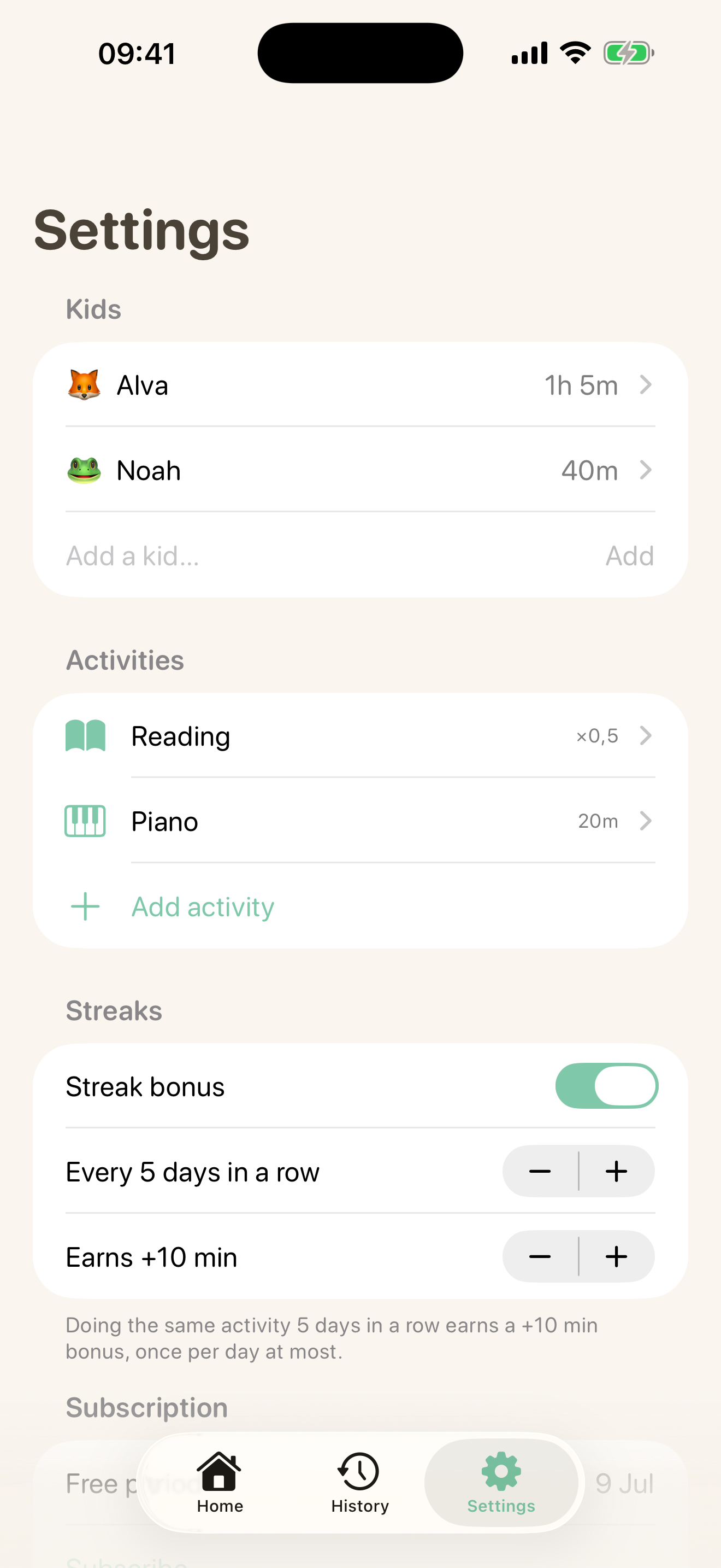 Settings with kids, activities, exchange rates, and streak bonus